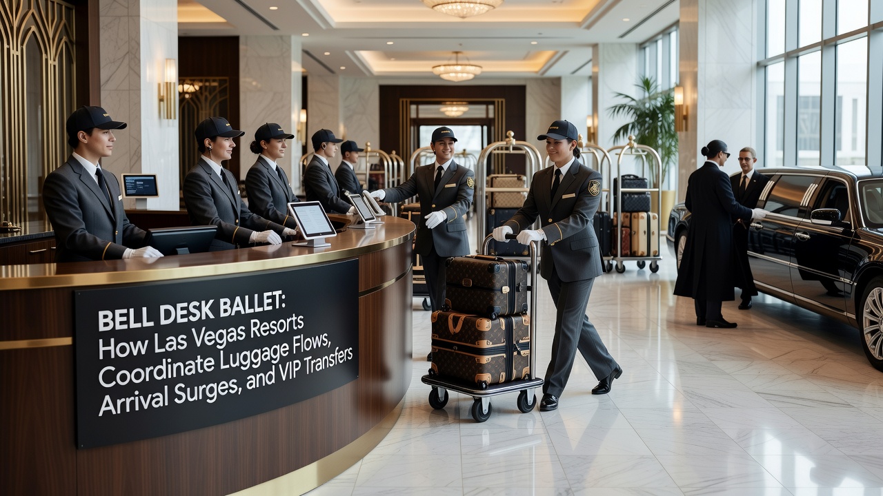 Luggage staging area with RFID-tagged carts and staff using digital tablets for real-time tracking inside a Las Vegas resort
