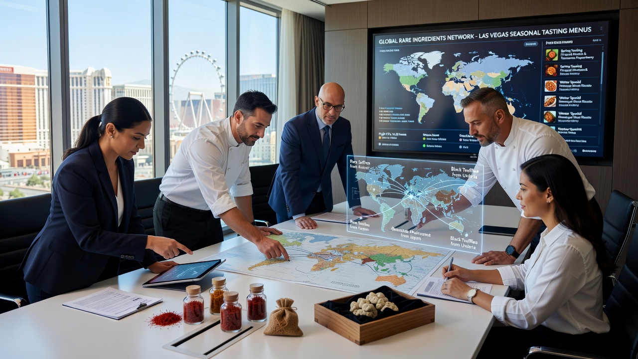 Global supply chain coordination for rare ingredients in Las Vegas kitchens showing logistics teams reviewing shipment schedules and ingredient quality checks