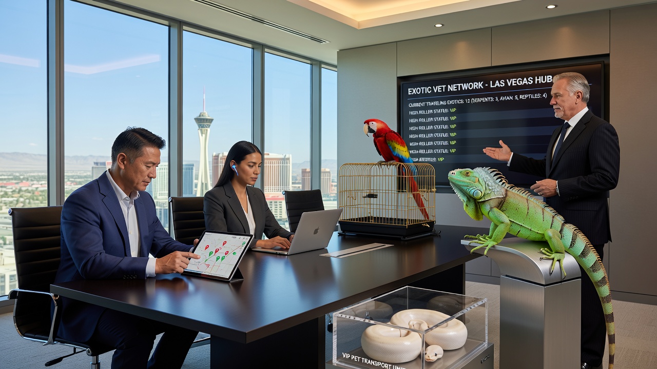 Exotic reptile being monitored by veterinary staff inside a temperature-controlled holding area at a Las Vegas resort facility