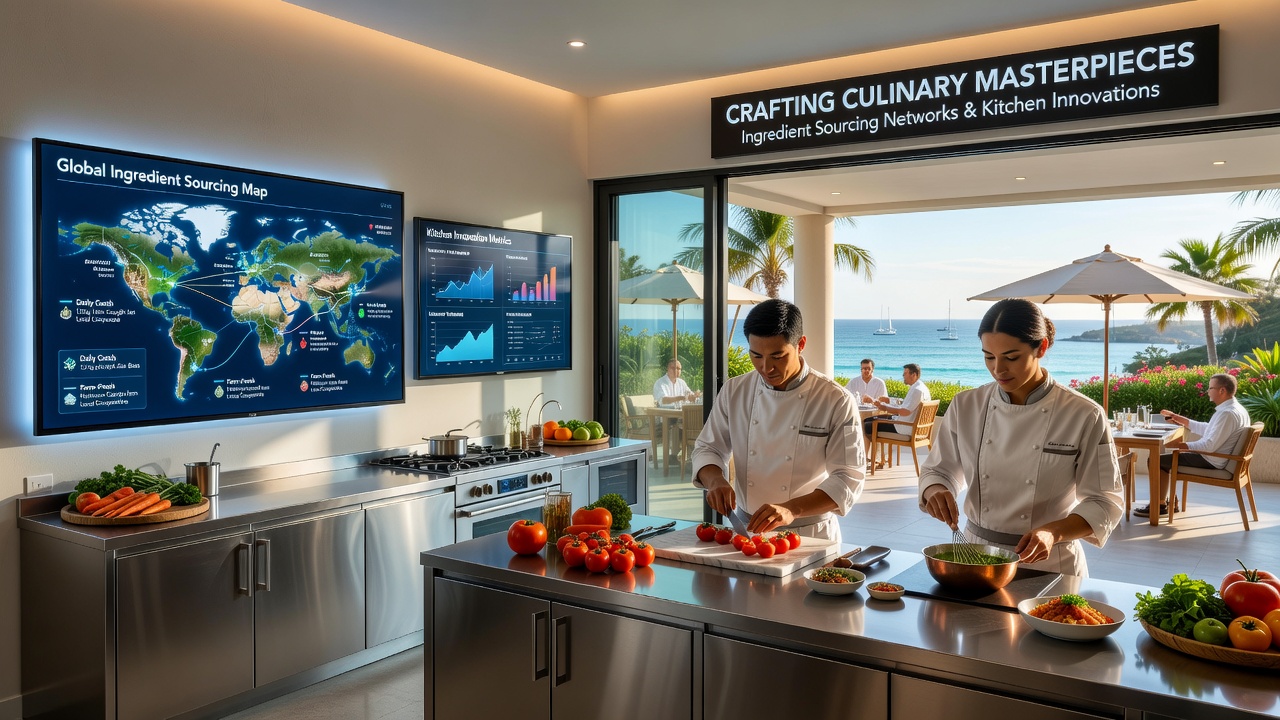 Modern resort kitchen with automated prep stations and smart ovens