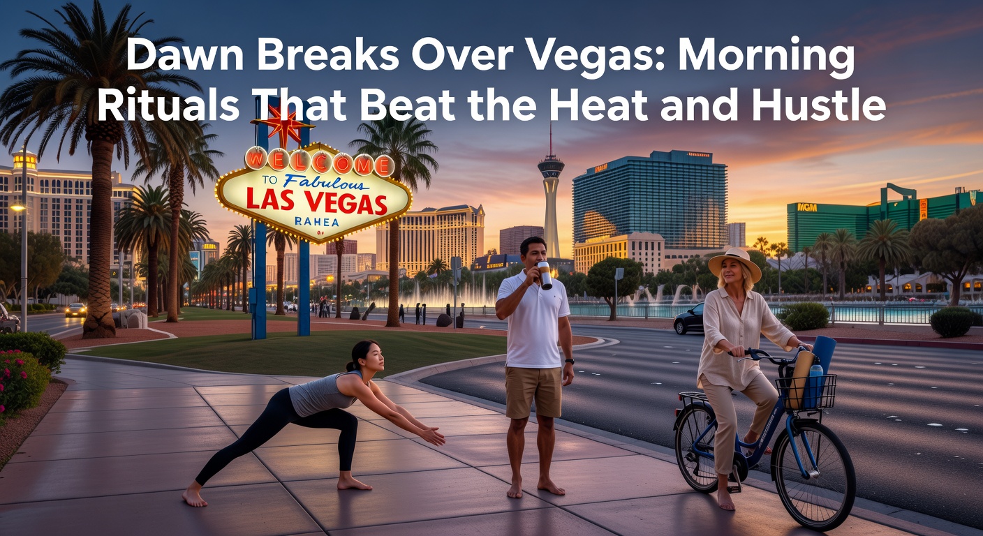 Sunrise casting golden hues over the Las Vegas Strip with mountains in the background, highlighting early morning calm before the day's rush