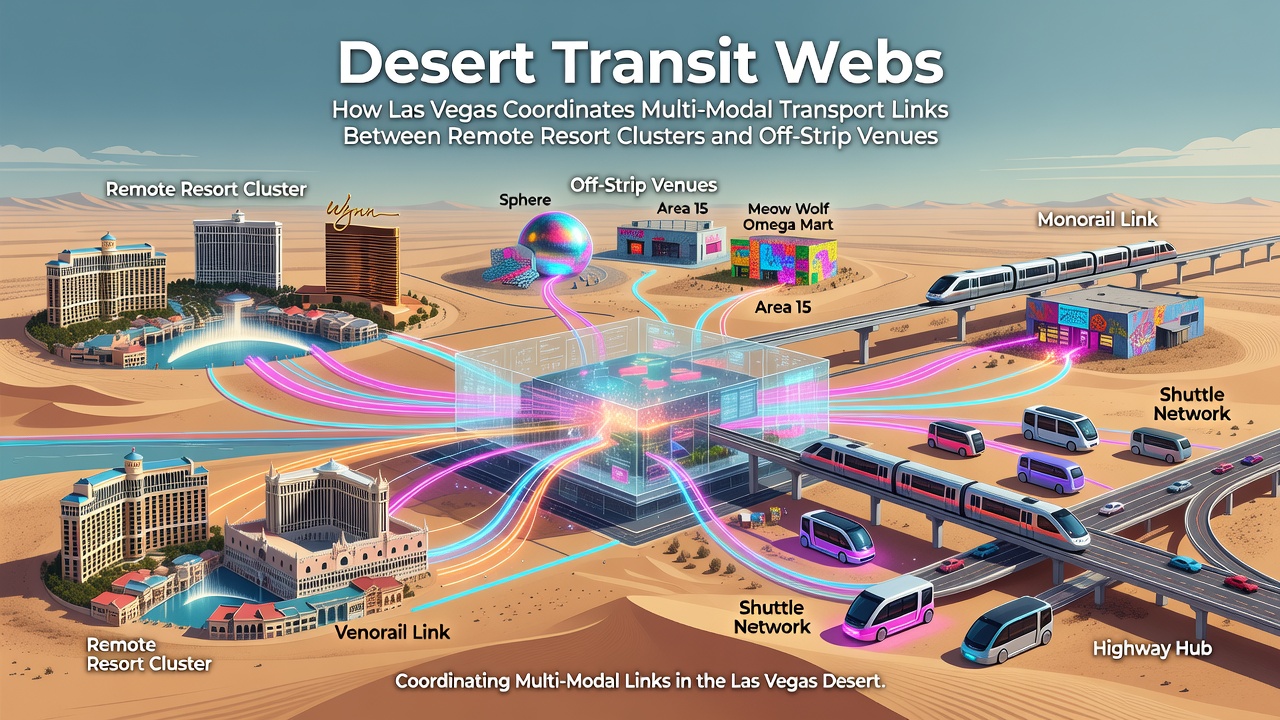 Aerial view of Las Vegas transit connections linking remote resort areas to the Strip and downtown venues