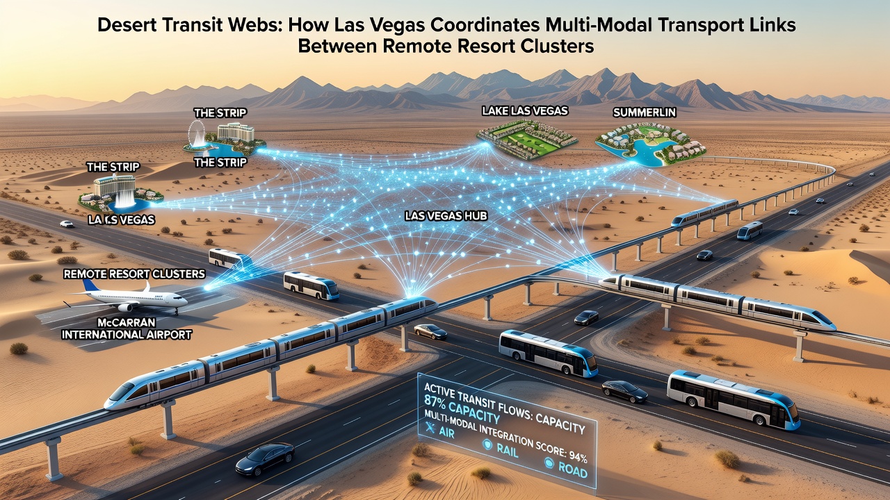 Transit hub showing buses, monorail, and shuttle connections serving Las Vegas resort clusters