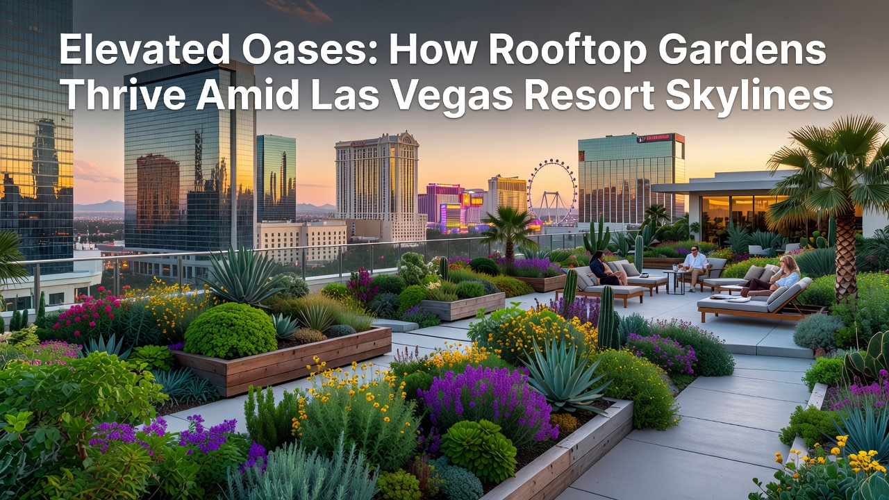 Aerial view of lush rooftop gardens integrated into Las Vegas resort skylines with desert backdrop