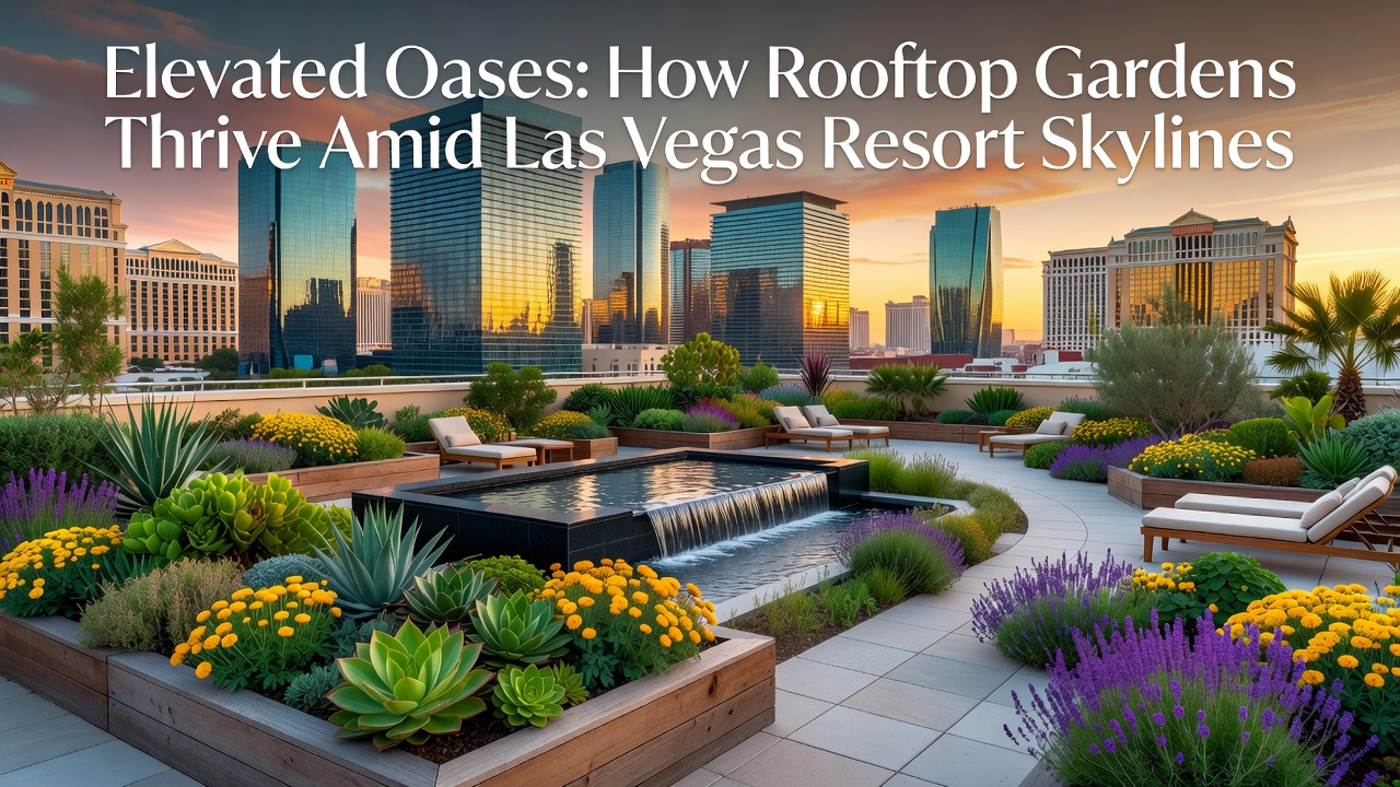 Close-up of thriving desert-adapted plants and irrigation setup in a Las Vegas rooftop garden