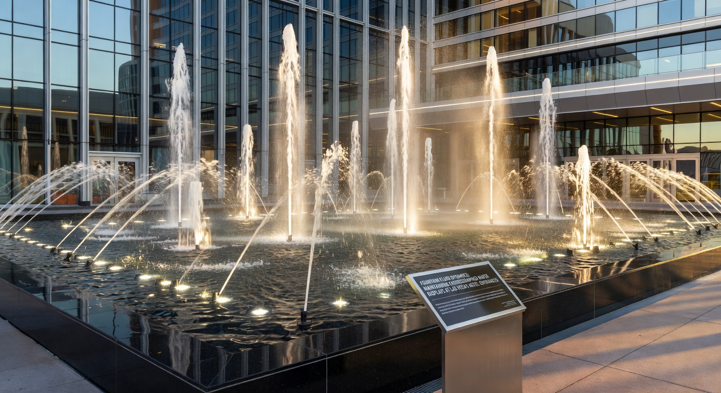 Choreographed water jets rising in synchronized patterns at a Las Vegas hotel entrance fountain during evening performance