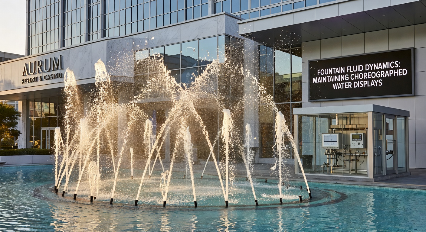 Technicians performing maintenance on fountain pump systems and nozzle arrays at a Las Vegas resort entrance