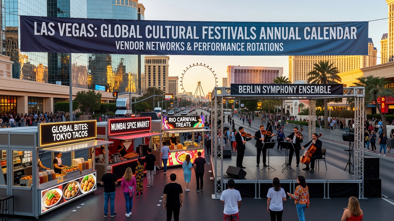 Vendors setting up cultural festival booths along the Las Vegas Strip with colorful displays and international food stalls