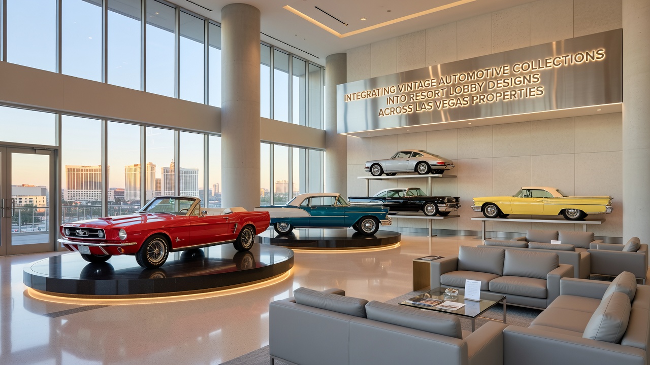 Close-up of a restored vintage automobile integrated into resort lobby architecture with surrounding decor elements