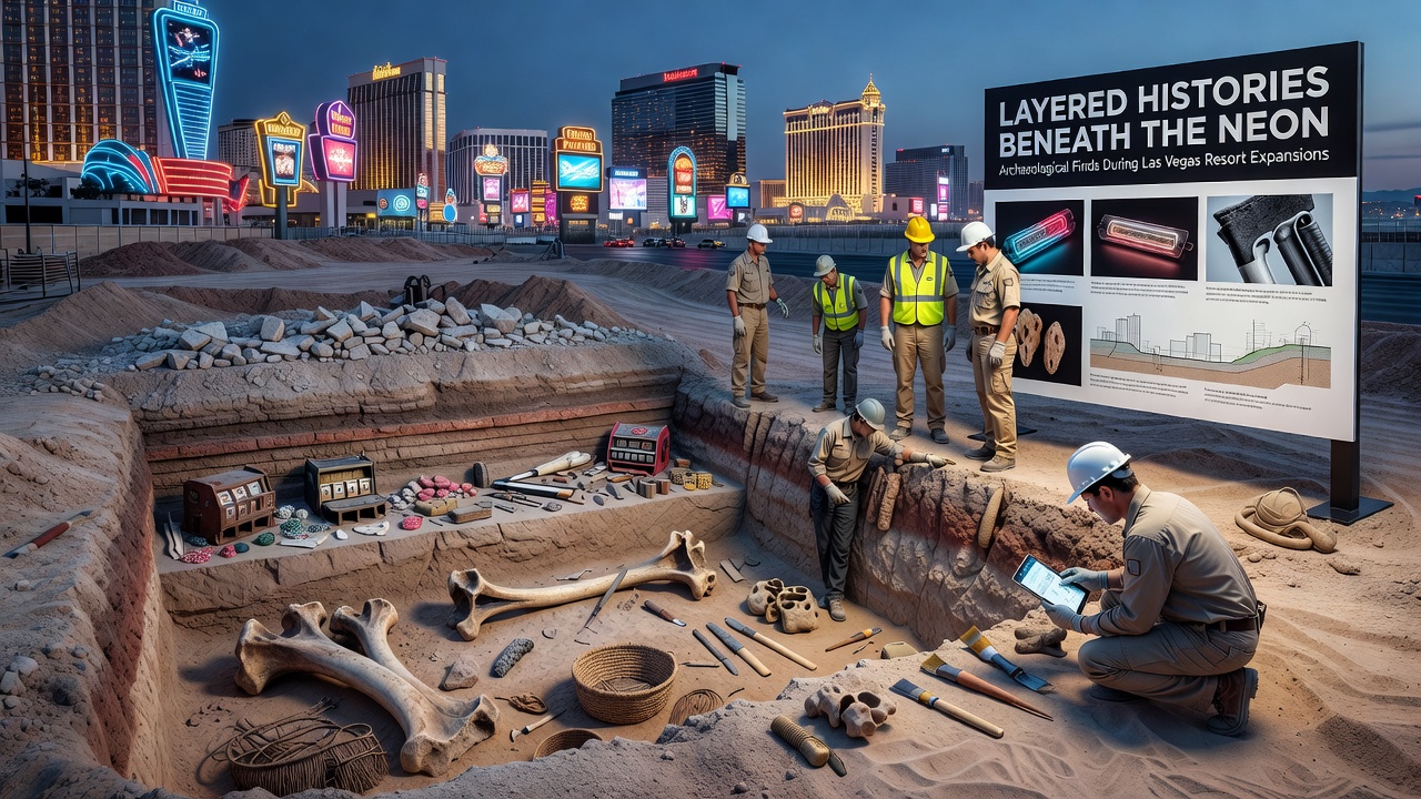 Close-up of recovered prehistoric artifacts including stone tools and pottery fragments displayed at a Nevada research facility