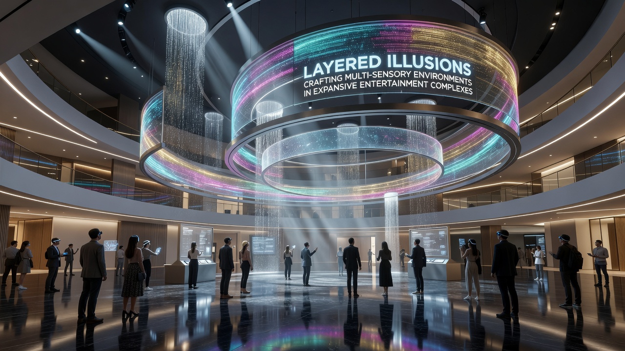Multi-sensory entertainment complex interior with layered lighting and sound installations