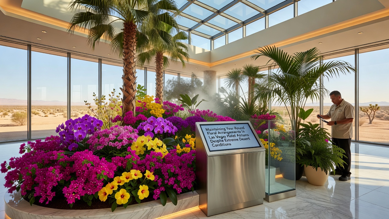 Interior view of a Las Vegas hotel atrium showing vibrant floral arrangements with controlled lighting and climate systems