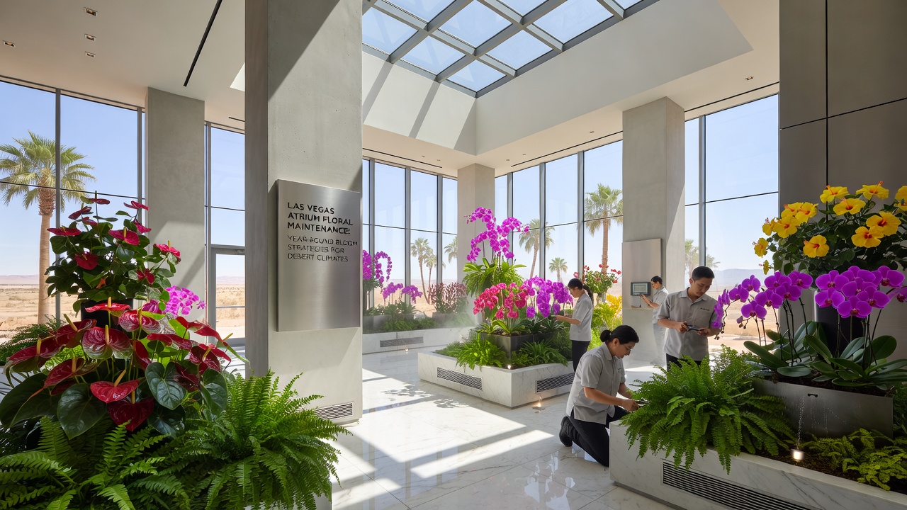 Close-up of drip irrigation lines and LED grow lights supporting tropical flowers in a Las Vegas hotel atrium environment