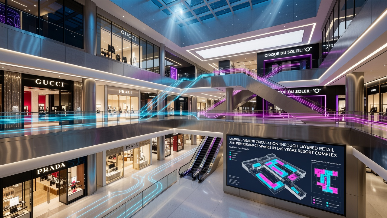 Interior diagram illustrating visitor flow through retail corridors and performance entrances in a multi-level Las Vegas resort