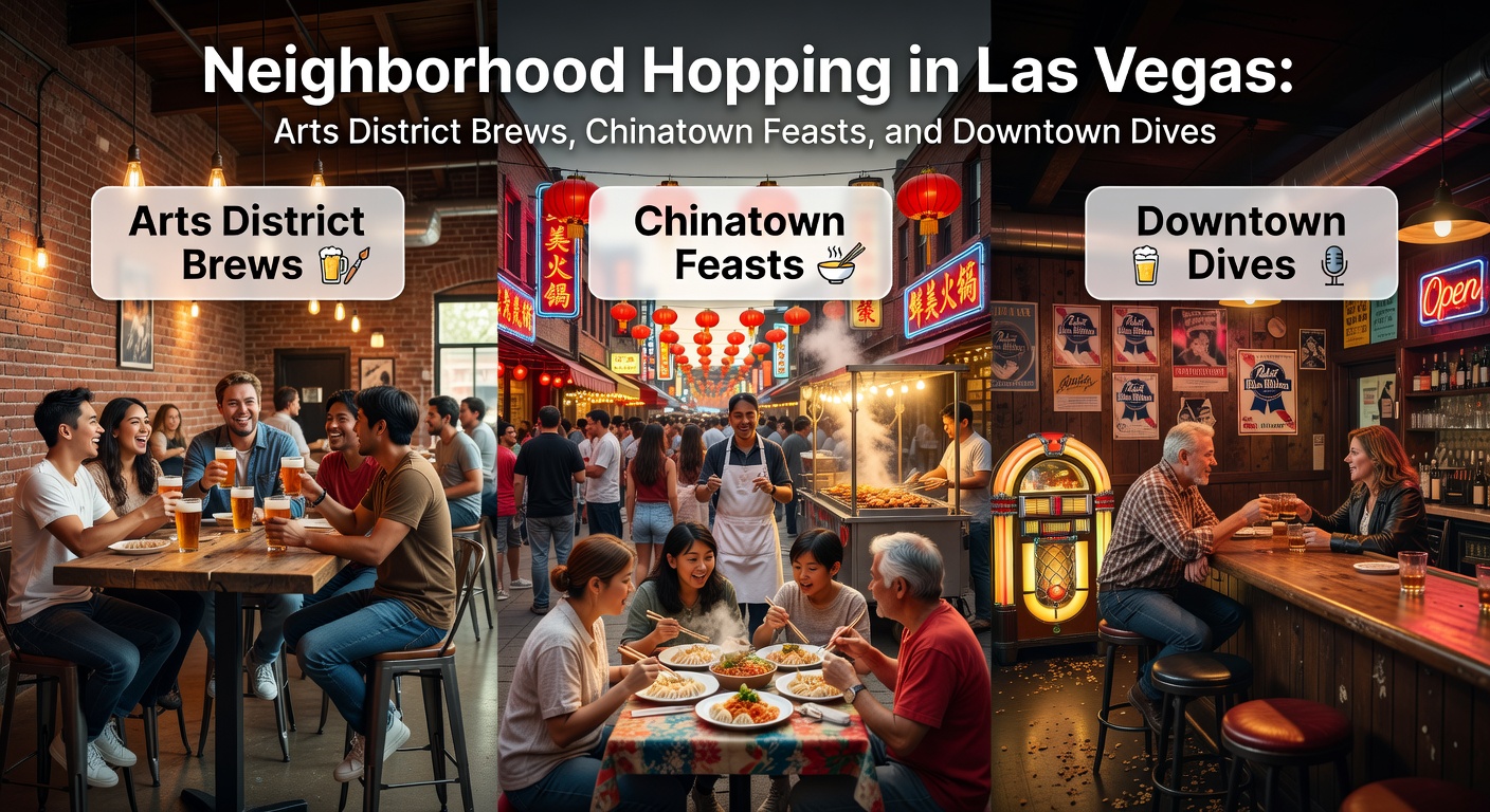 Colorful murals and bustling brewery patios in Las Vegas Arts District under neon lights