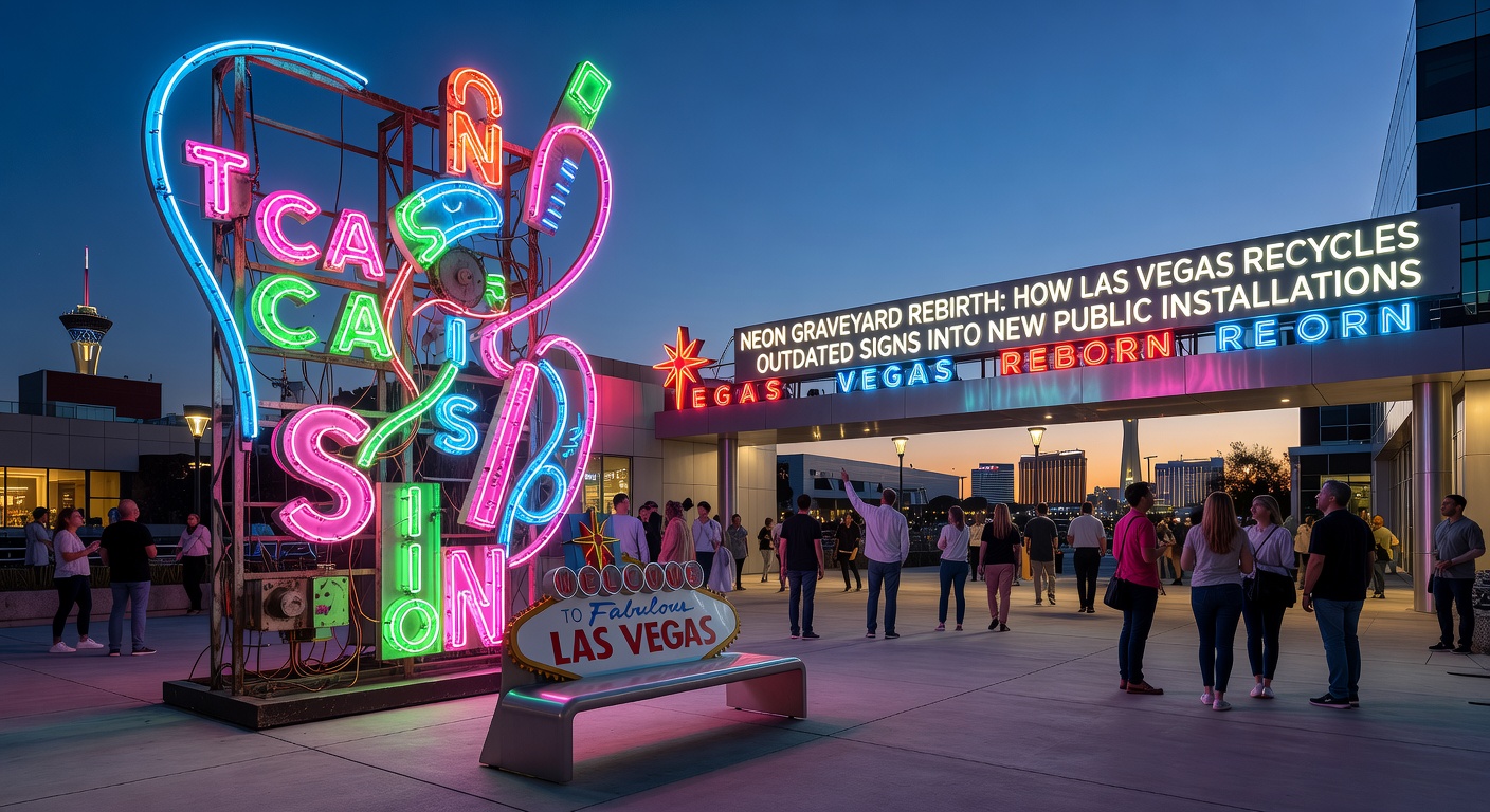 Aerial view of the Neon Boneyard in Las Vegas showing rows of preserved vintage signs awaiting restoration and repurposing