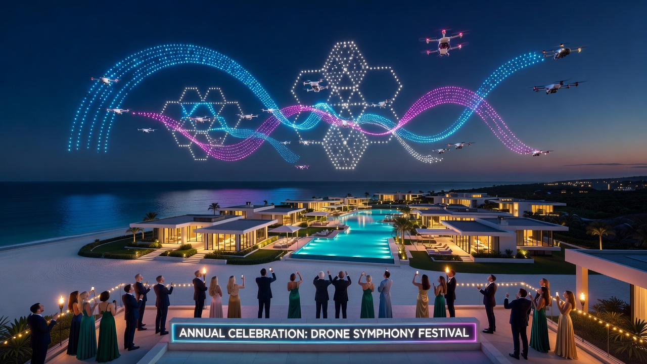 Close-up view of illuminated drones maintaining tight formation during a nighttime celebration over Las Vegas