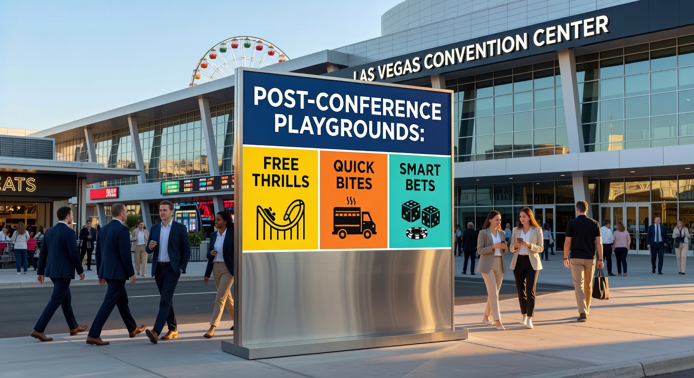 Vibrant scene outside the Las Vegas Convention Center with attendees heading to nearby casinos and eateries under neon lights