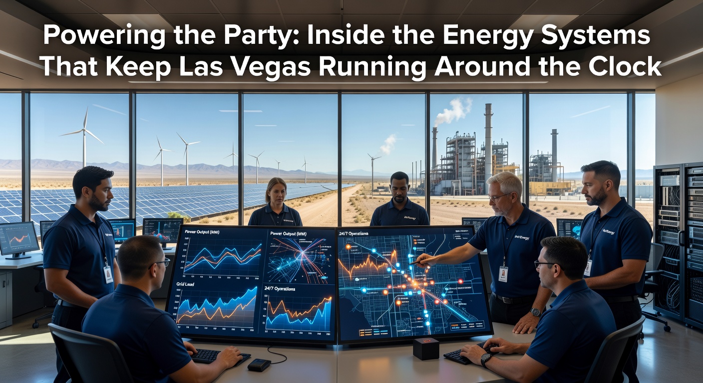 Solar panel installation near Las Vegas with power transmission lines in the background