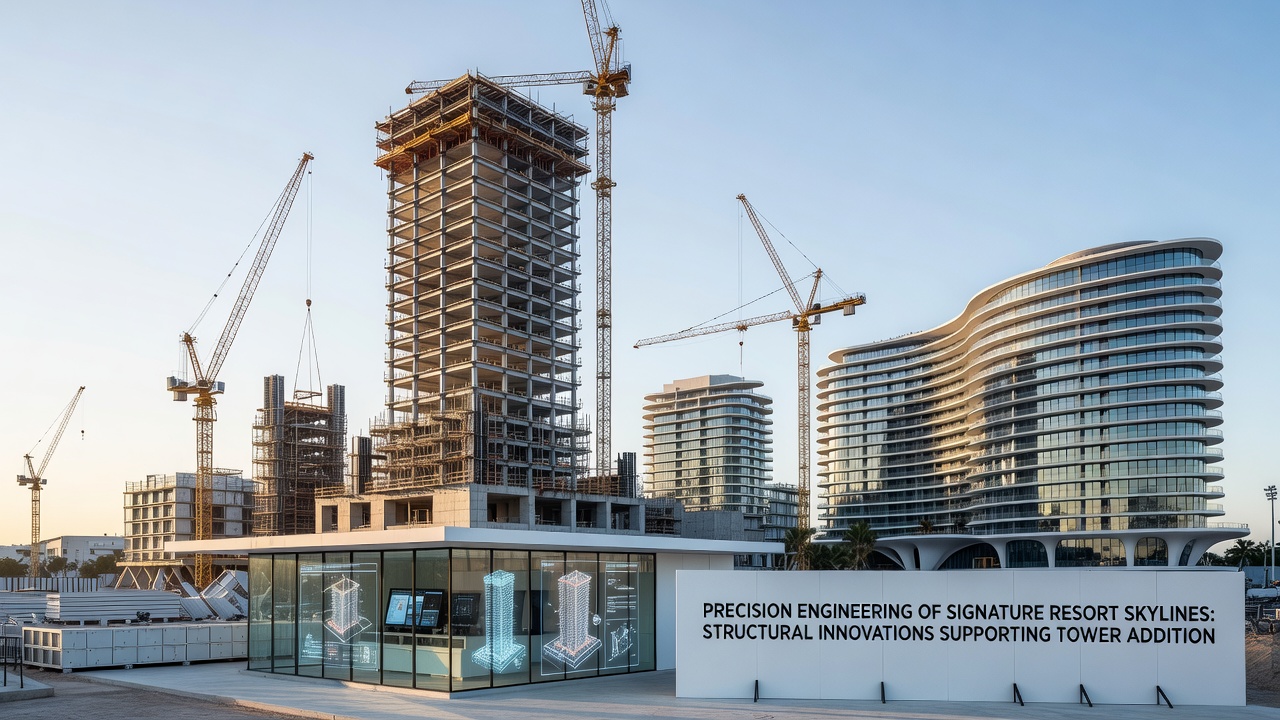 Crane lifting prefabricated steel module onto existing resort tower during phased renovation