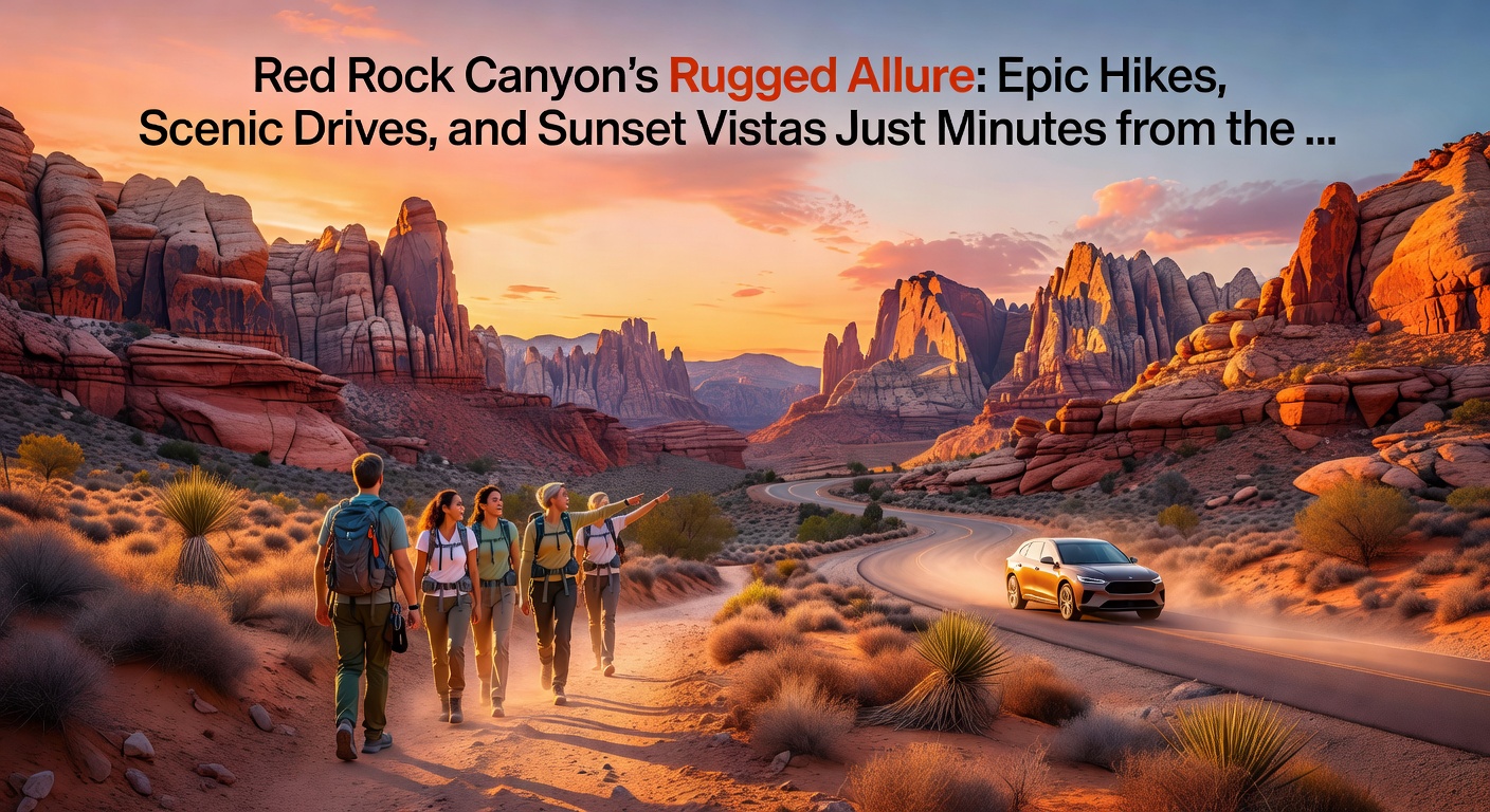 A winding scenic drive through Red Rock Canyon's 13-mile loop, with vibrant red rock cliffs towering over Joshua trees and distant mountain ranges under golden hour light