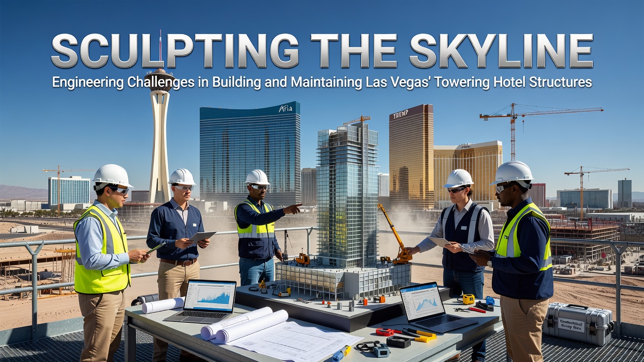 Las Vegas hotel towers under construction with cranes and structural frameworks against the desert skyline