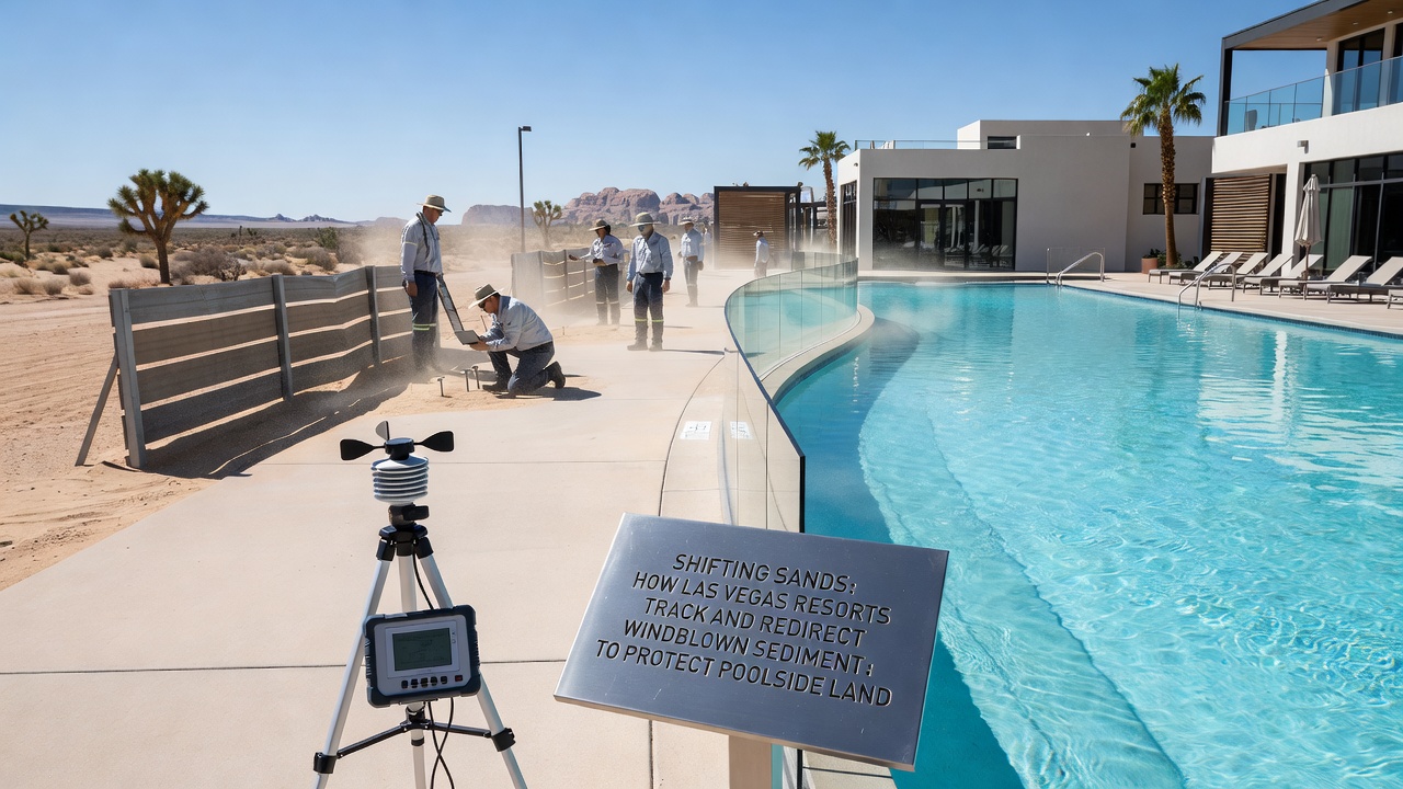 Technicians installing wind redirectors near outdoor dining patios at a Las Vegas resort