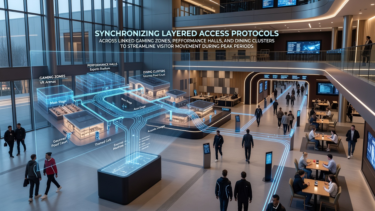 Integrated access control systems managing visitor flow between gaming floors, theaters, and restaurants in a Las Vegas resort complex during busy hours
