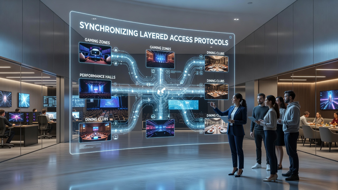 Real-time monitoring dashboard displaying synchronized access data across gaming, entertainment, and dining areas in a Las Vegas complex