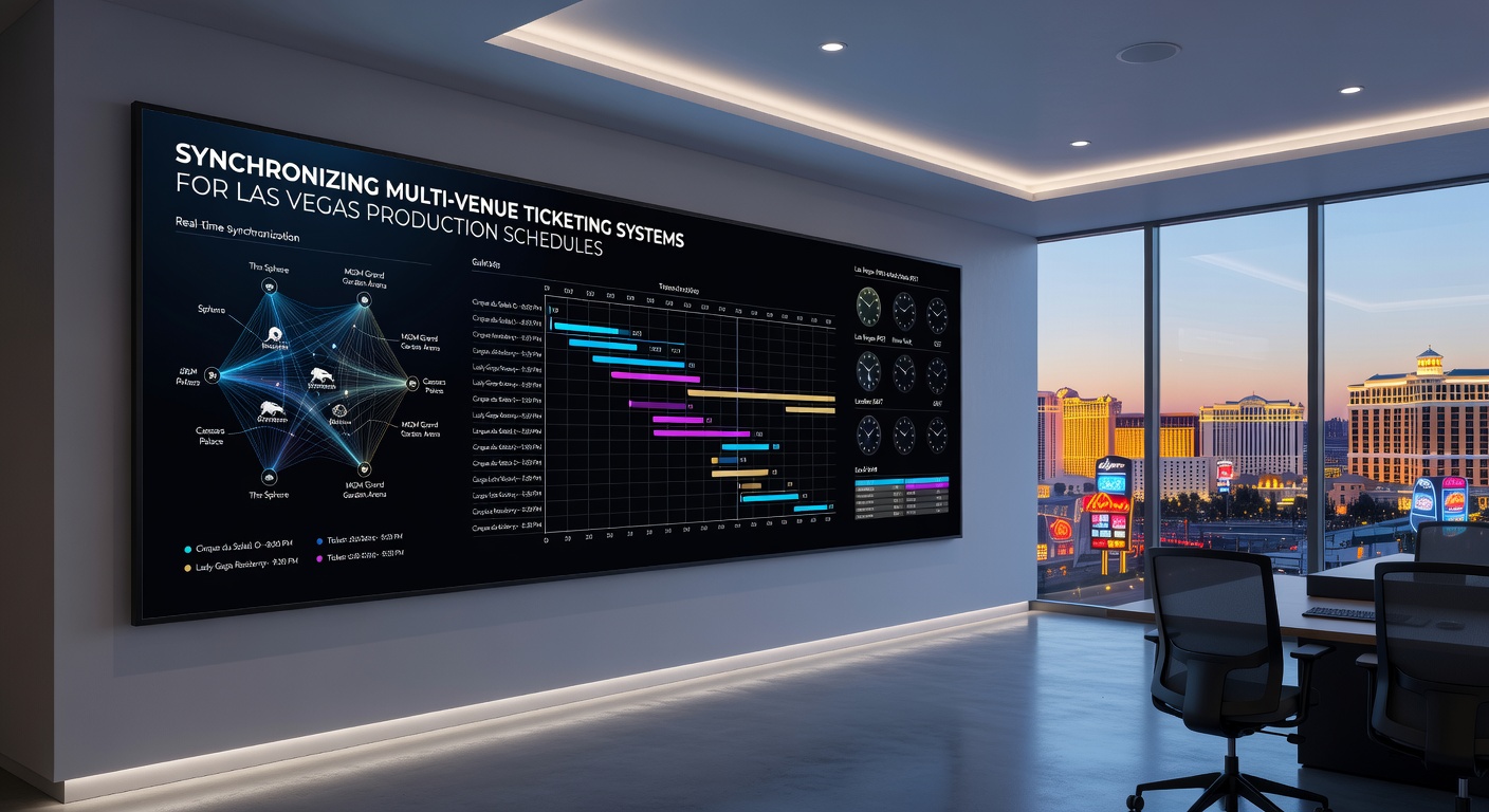 Integrated ticketing dashboard showing synchronized schedules across multiple Las Vegas venues with real-time availability updates
