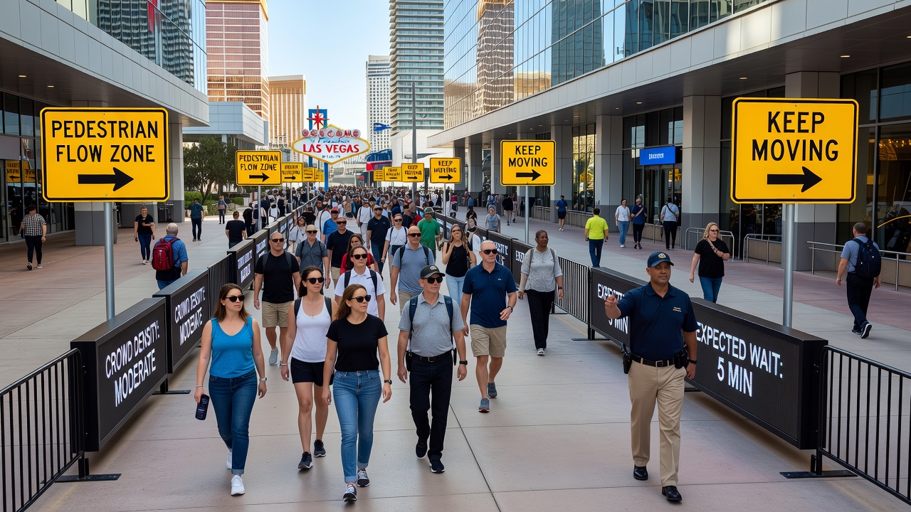 Crowds navigating Las Vegas Strip walkways with barriers and signage during peak tourism season