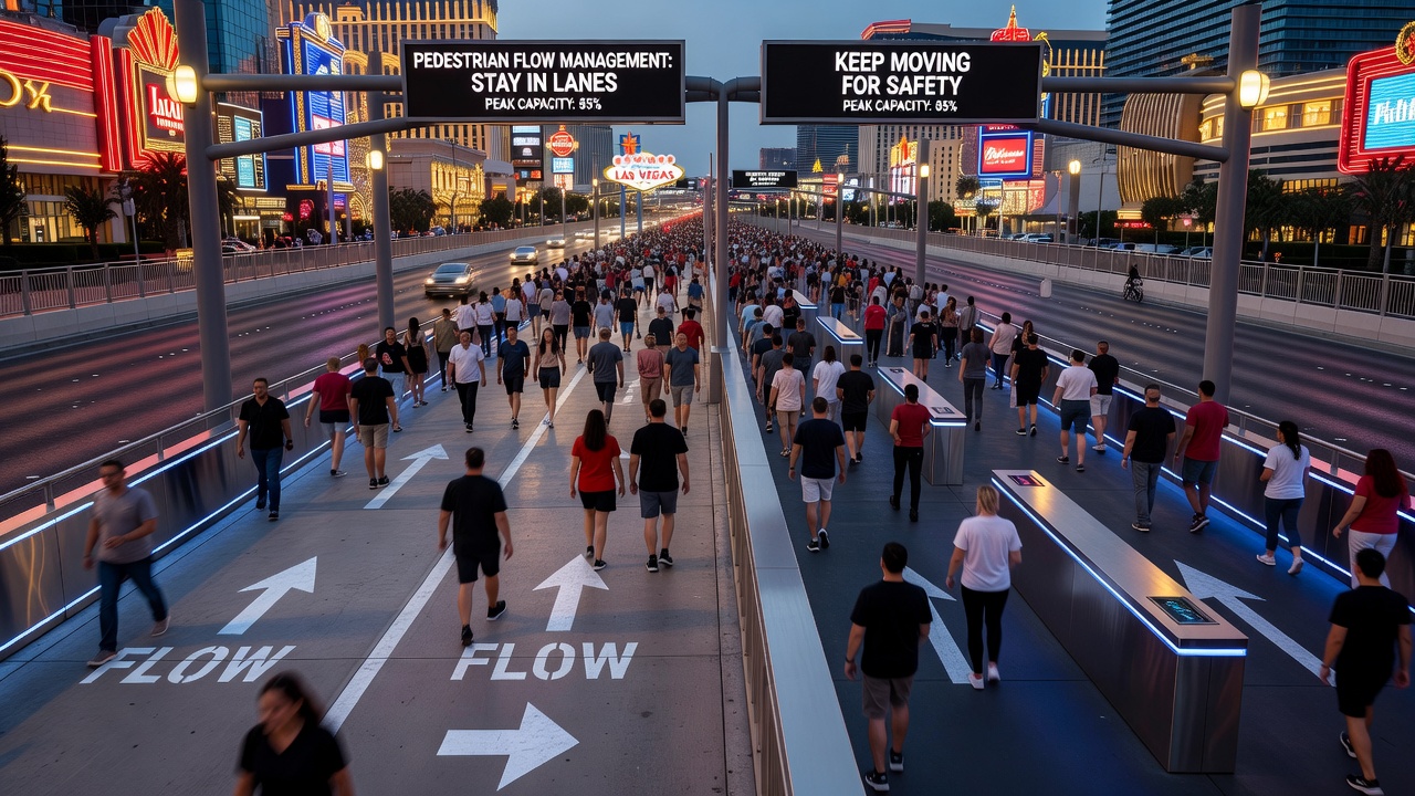 Overhead view of managed pedestrian pathways and one-way channeling on Las Vegas sidewalks
