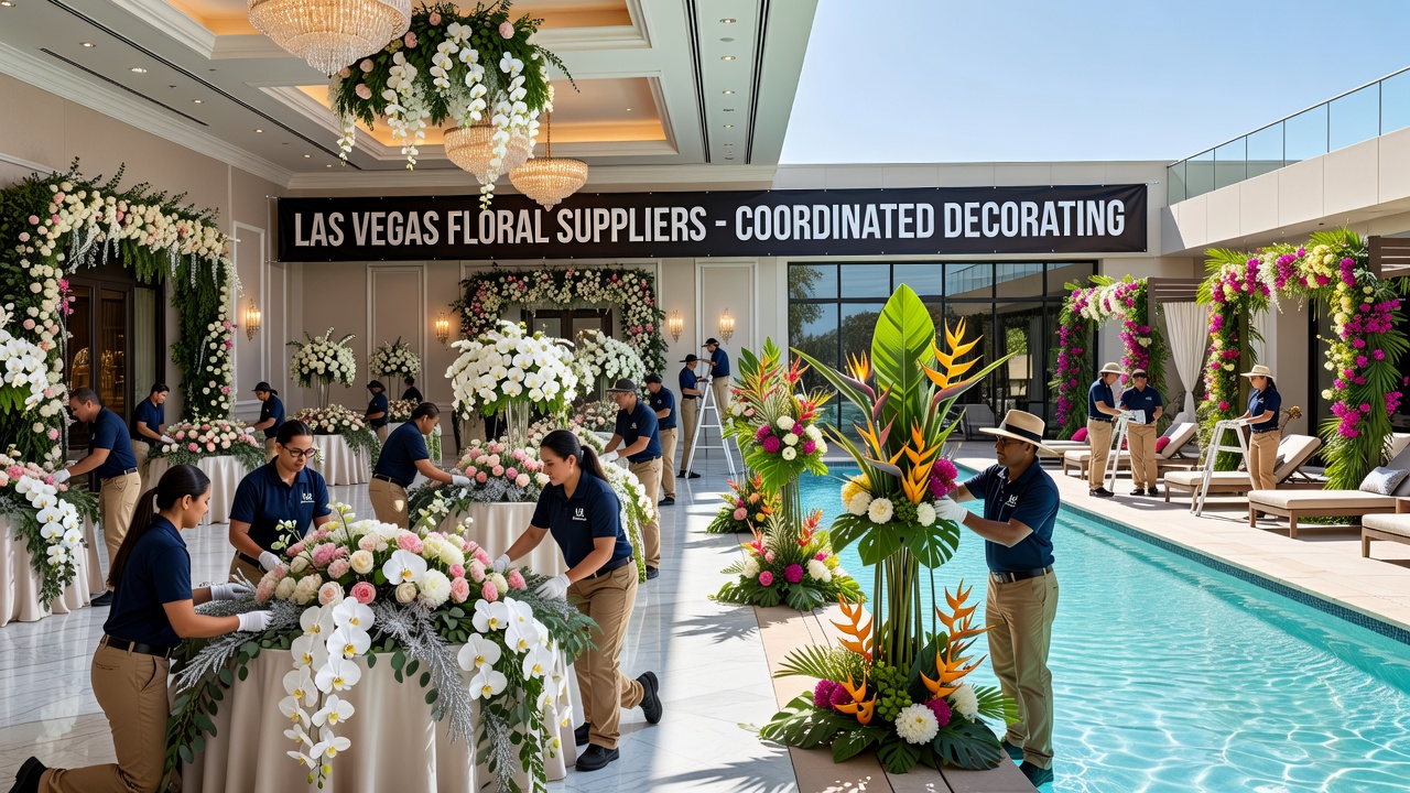 Floral arrangements positioned around a Las Vegas resort poolside area with desert backdrop