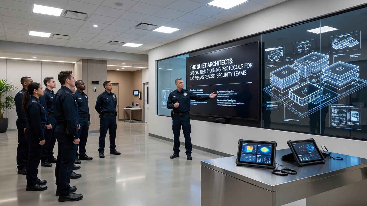 Security personnel reviewing integrated surveillance feeds and coordination protocols in a Las Vegas resort control room