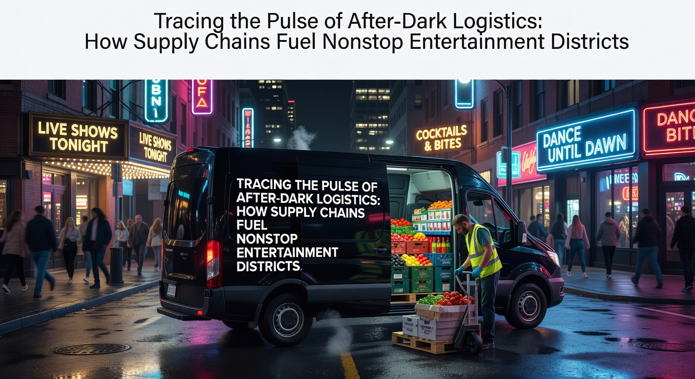 Nighttime delivery trucks and logistics vehicles operating along the Las Vegas Strip to support 24-hour entertainment venues
