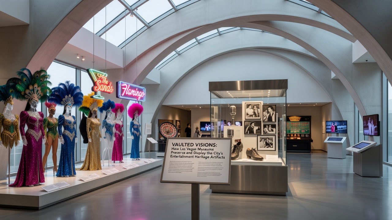 Las Vegas museum curator examining vintage show costumes and neon signage artifacts in climate-controlled storage vault