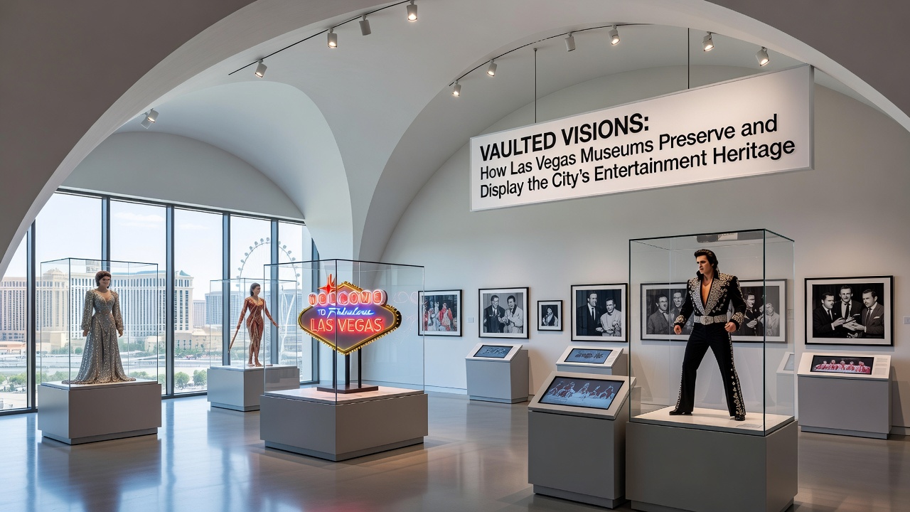 Visitors viewing restored Las Vegas entertainment artifacts including vintage stage props and casino signage in a museum gallery