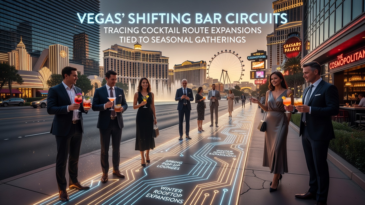 Aerial view of Las Vegas bar district with illuminated cocktail routes and seasonal event crowds