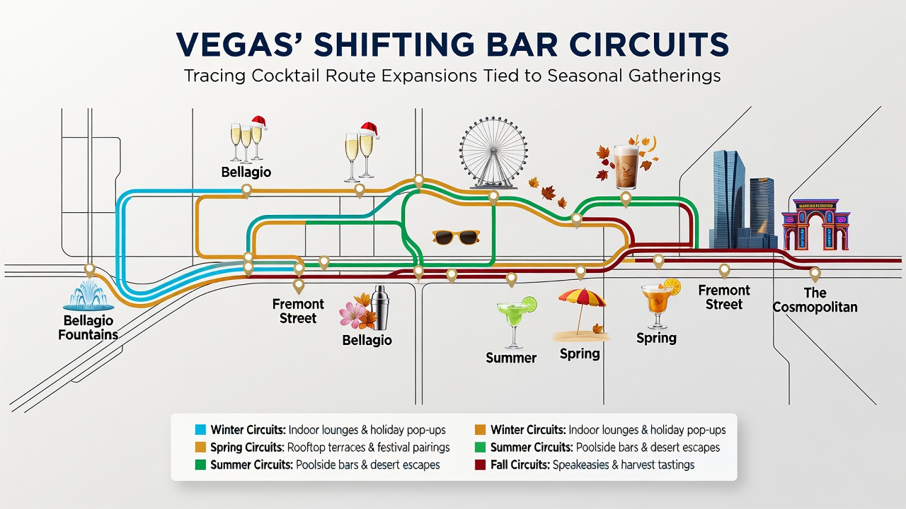 Bartenders preparing seasonal cocktails along an expanded Vegas bar circuit during a festival gathering