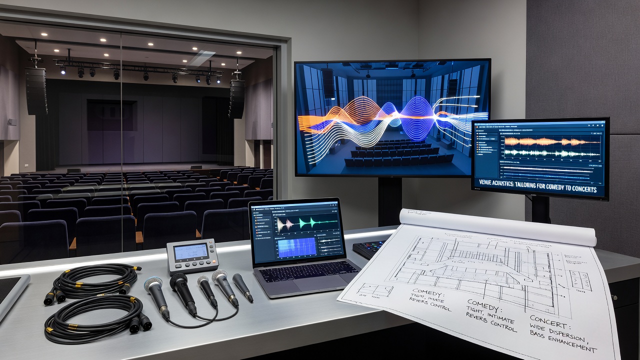 Acoustic engineering team adjusting speaker arrays in a Las Vegas theater for optimal sound distribution