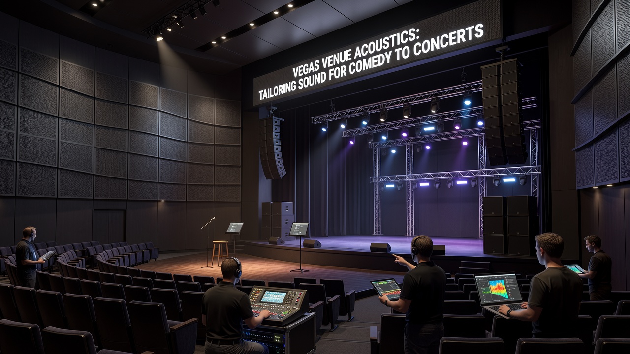 Large concert stage with suspended line array speakers and mixing console during soundcheck in Las Vegas arena