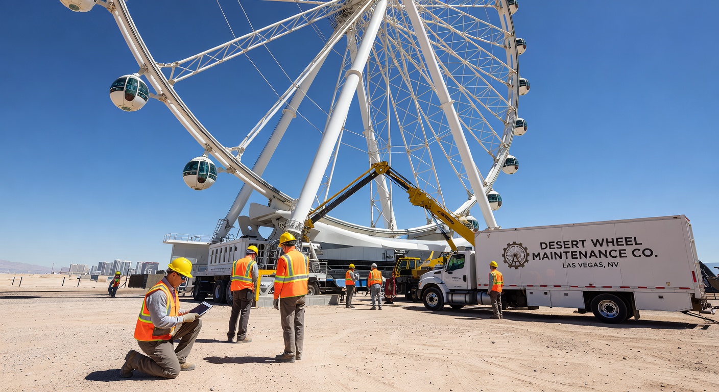 Aerial view of the High Roller Ferris wheel and surrounding observation decks in Las Vegas at sunset, highlighting structural maintenance features against the desert backdrop