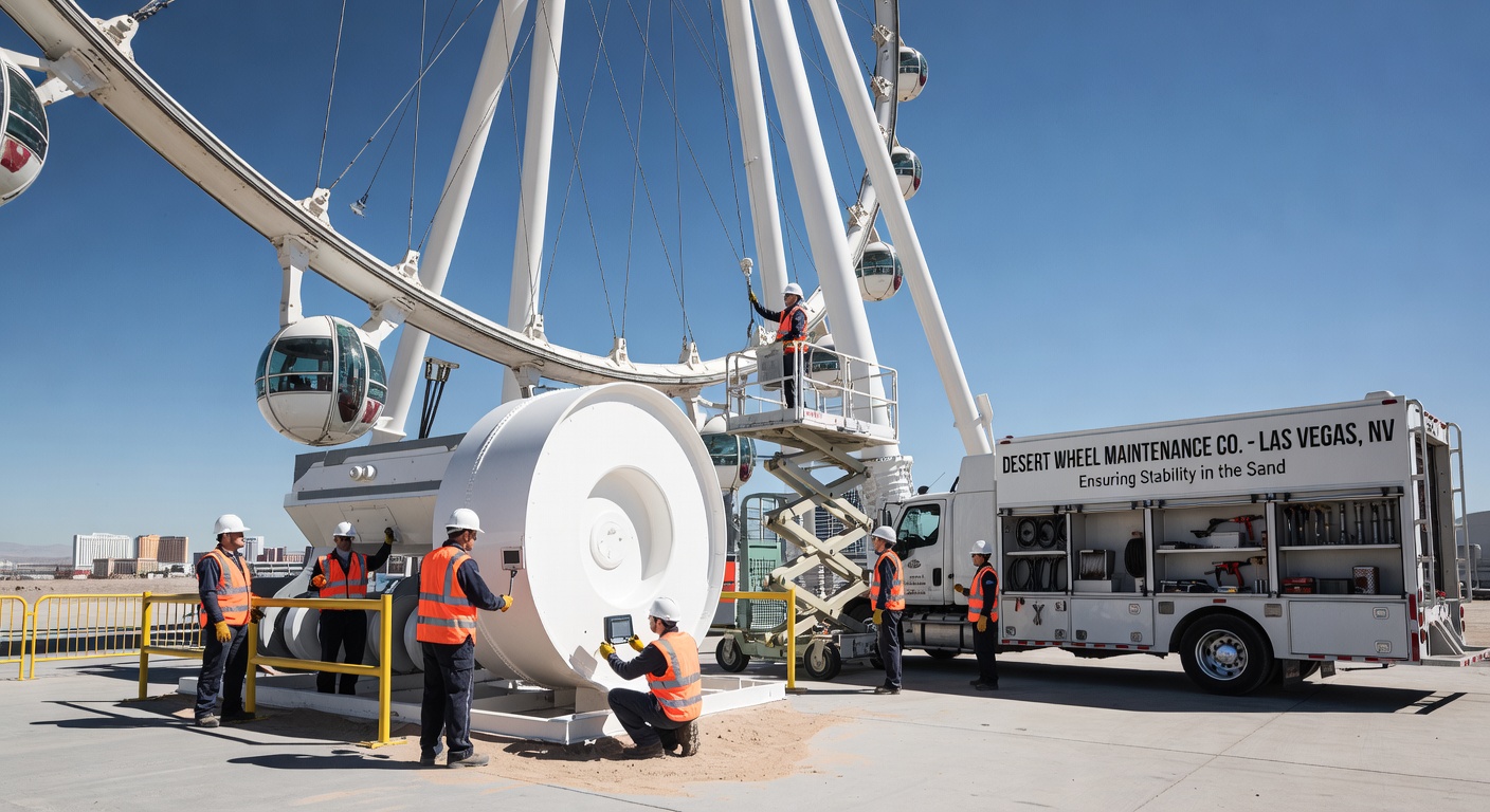 Maintenance crew inspecting the structural supports and cabin mechanisms of a large Ferris wheel in Las Vegas during a routine desert environment check